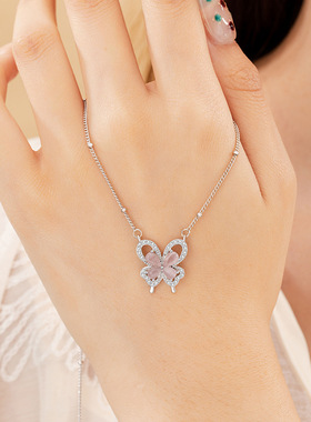 蝴蝶纯银925项链女小众设计轻奢款粉色猫眼石锁骨链ins风爱心