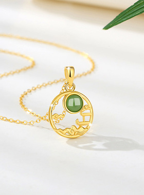 祥云纯银925和田碧玉项链女国潮古典风窗花锁骨链ins新中式吊坠