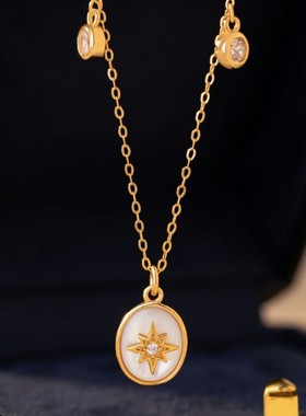 八芒星纯银925项链女复古轻奢款白贝母锁骨链法式感星星吊坠