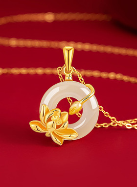 荷花足银999玉髓项链女新中式国潮平安扣锁骨链ins母亲节礼物