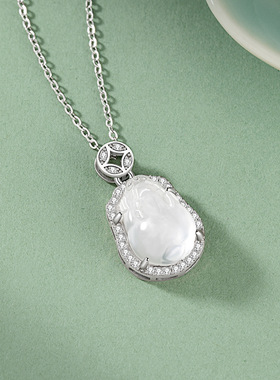 貔貅纯银925项链新中式国潮天然水沫玉铜钱锁骨链ins风金币吊坠