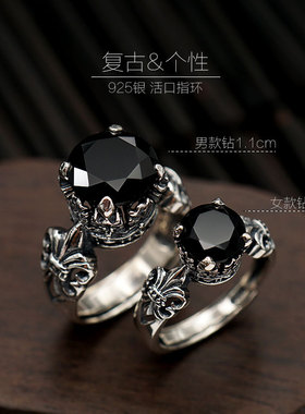 S925纯银戒指皇冠黑玛瑙钻复古霸气黑石男女情侣大钻中指食指活口