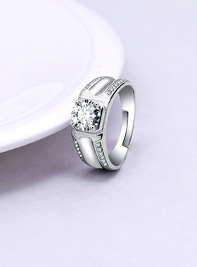 纯银男士莫桑石钻戒镀铂金群镶仿真钻戒时尚潮男戒指霸气结婚指环