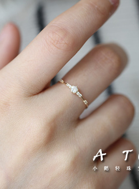 S925纯银镀14k黄金戒指 镶7颗小碎锆钻戒指日系极细纤细百搭叠戴