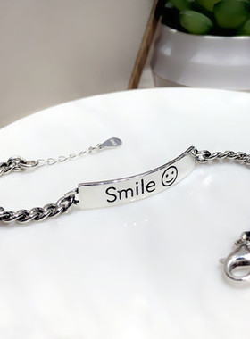 韩版女款光面长方微笑纯银手链复古个性Smile字母笑脸手镯配饰品