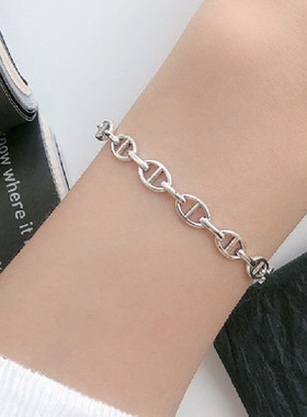 纯银复古手镯韩版气质个性日字型做旧泰银手环简约锁链设计感饰品
