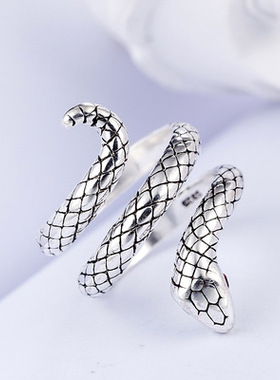 欧美复古银蛇纯银戒指开口男女动物戒子霸气红眼泰银眼镜王蛇指环