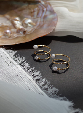 S925纯银镀14k黄金小仙女天然淡水珍珠戒指指环简约开口戒戒指女