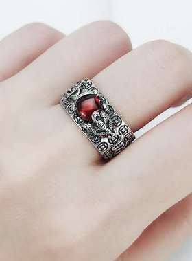 转运貔貅纯银戒指男女情侣足银霸气金蝉真言六字真言心经复古指环