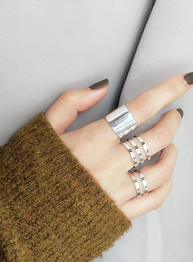 日韩s925纯银宽面三排镂空多层戒指女孔孝真同款简约开口搭配食指