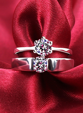 S925纯银情侣戒指一对莫桑石结婚对戒钻戒仿真钻石男女开口求婚戒