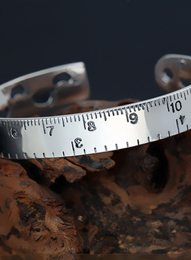 时尚个性尺子纯银手镯女日韩创意黑脚印罗马数字镯子复古泰银手环