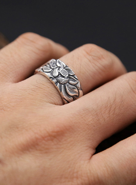 S999足银心经纯银戒指男士宽版荷花莲花雕刻时尚复古泰银伸缩指环