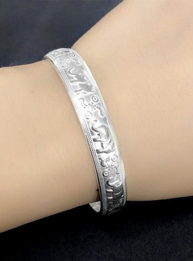 潮流复古足银999手镯女创意森系纯银做旧大象手环民族风心经手饰