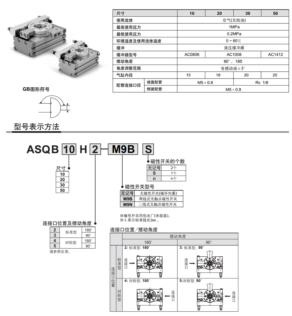 迈斯艾尔MAXAIR摆台气缸ASQB10A/20A/30A/50A/10R/20R/30R H2 H3 - 图1