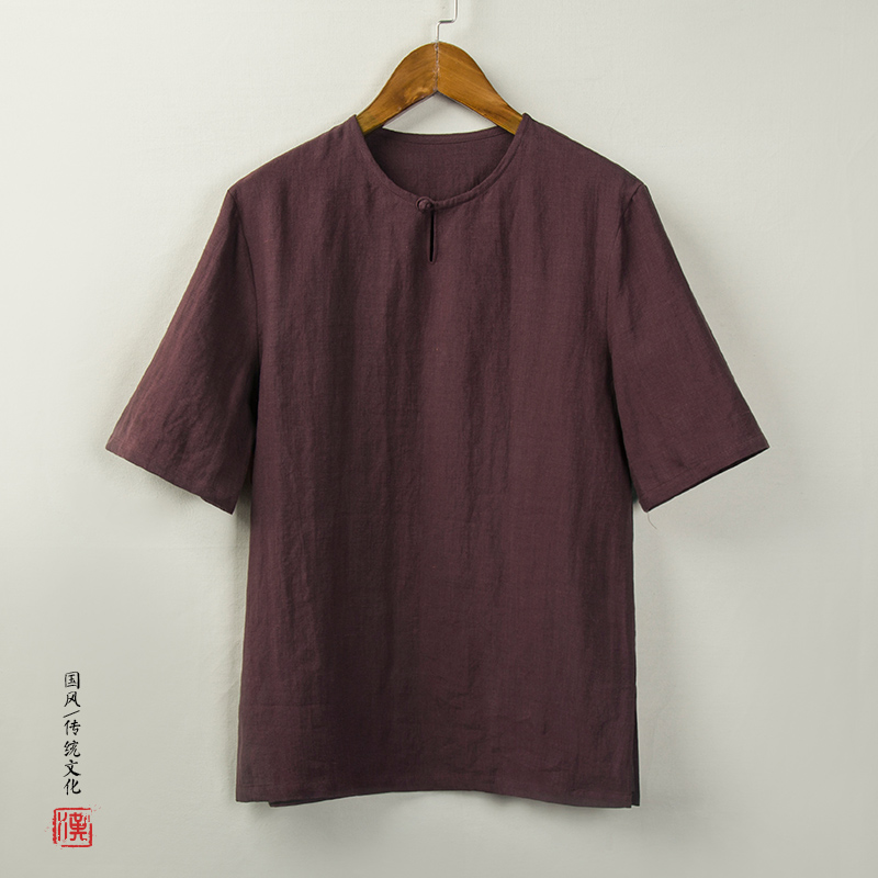 夏季中国风男装亚麻短袖t恤男士麻料小衫复古装棉麻盘扣半袖上衣 - 图3