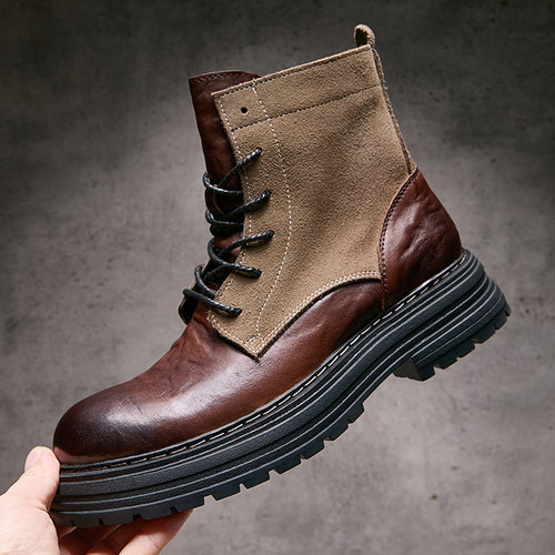 欧洲站秋冬季新款马丁靴男真皮拼接时尚潮流厚底短靴手工机车靴男 - 图0