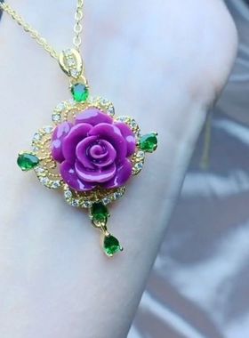 天然高品质紫云母花玫瑰花开富贵格桑花两件套镶嵌防辐射项链吊坠