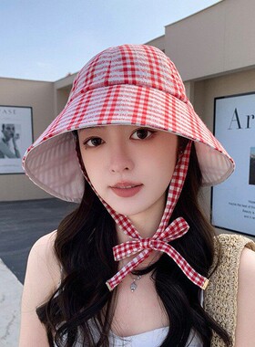 格纹显脸小防晒帽子遮阳太阳帽
