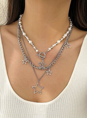 Punk Silver Color Star Pendant Necklace for Women Men Imitat