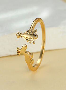 Christmas Tree Elk Christmas Series Open Ring with Adjustabl