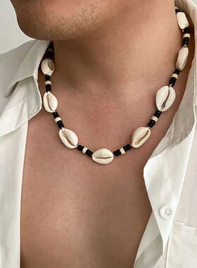 Bohemian Scallop Wood Bead Choker Necklace for Men Retro Adj