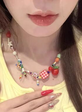 Cute Cartoon Apple Fruit Bow Colorful Beads Choker Necklace