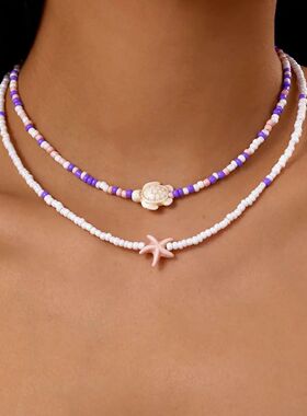 Bohemian Mixed Color Rice Beads Starfish Pendant Necklace fo