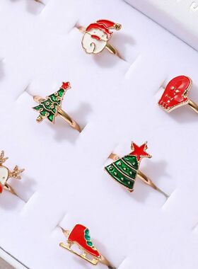 12pcs Christmas Themed Adjustable Size Ring Simple Random Pa
