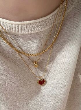 Red Heart Pendant Necklace Gold Color Stainless Steel Chain