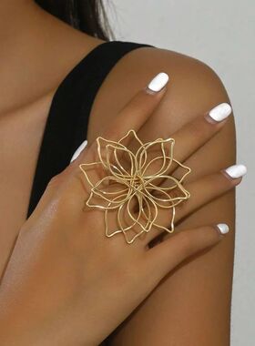 Fashion Gold Color Round Hollow Out Flower Big Ring For Wome