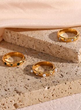 18K Gold Plated Green Zircon Pearl Rings For Women Waterproo