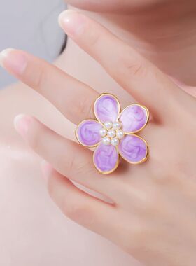 White Pink Enamel Flower Open Ring for Women Stainless Steel