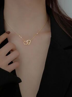 Simple Double Heart Pendant Necklace for Women Couple Stainl