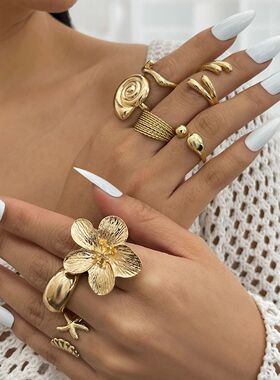 8Pcs/Set Vintage Metal Petal Flower Water Drop Open Rings fo
