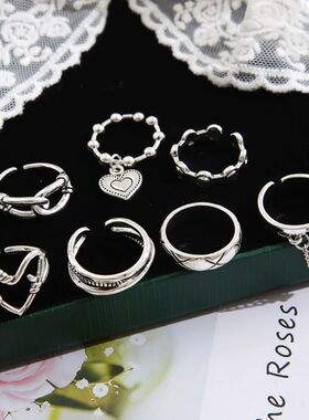 7Pcs/set Punk Ring Set for Women Silver Color Retro Geometri