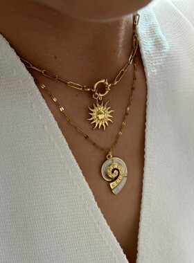 Stainless Steel Sun Flower White Enamel Conch Pendant Neckla