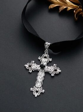 Gothic Black Color Irregular Pattern Cross Pendant Necklace