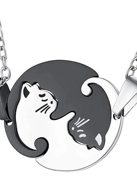 Two Cat Couple Necklaces Jewelry Stainless Steel Black White
