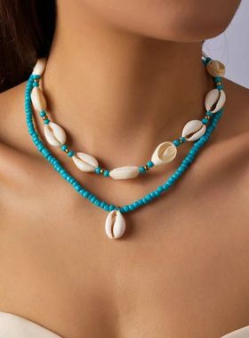 Boho Shell Rice Beads Choker Pendant Necklace for Women Jewe
