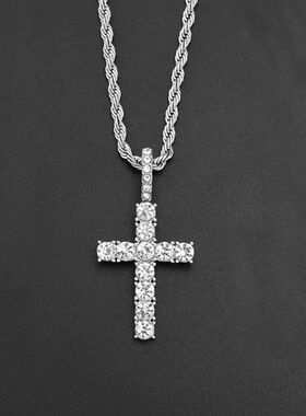 Iced Out Crystal Zircon Cross Pendant Necklace Silver Plated