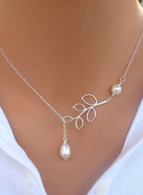 Silver Color Big Leaf Simulated Pearl Water Droplets Necklac
