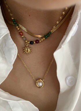 Imitation Pearl Natural Stone Sunflower Pendant Necklace Wom