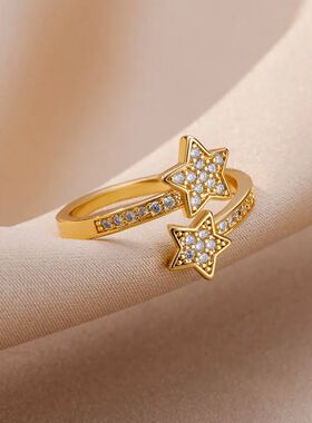 Zircon Double Star Rings For Women Girls Stainless Steel Gol