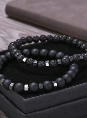 2pcs/set Beaded Bracelet Men Lava Stone Agate Tiger Eye Bead