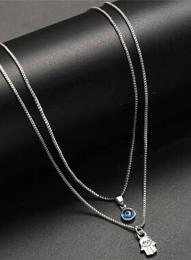 Turkish Lucky Double Layer Palm Evil Eyes Pendant Necklace f