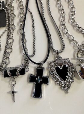 Punk Rock Black Heart Cross Pendant Chain Necklace For Men W