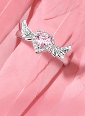 Chic Angel Wing Ring for Couple Pink Heart Cubic Zirconia Et
