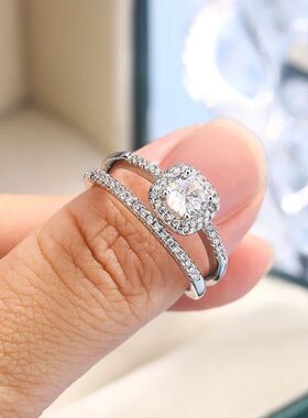 2pcs Silver Plated Wedding Ring Set Oval AZircon Jewelry Eng