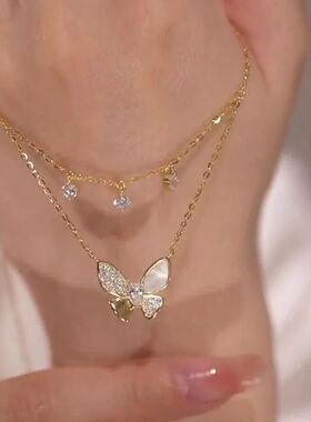 Zircon Inlaid Golden Butterfly Pendant Double Layer Necklace